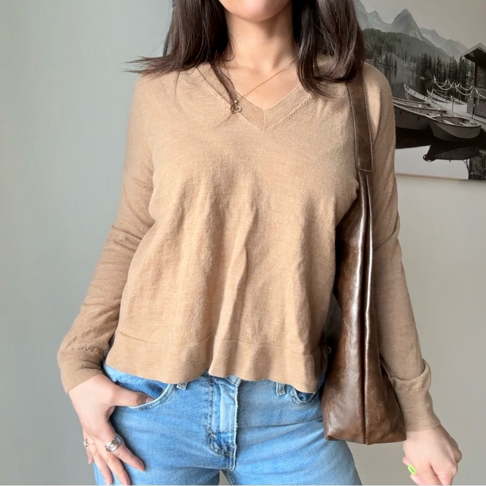 Beige Wool V-Neck Flowy Oversized Sweater
